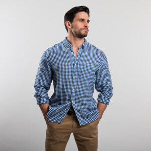 Lacoste férfi hosszú ujjú ing, kék kockás, 100% len, regular fit