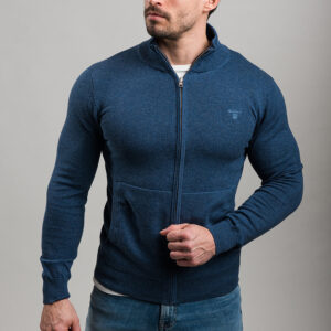 Gant férfi magas nyakú kötött kardigán, kék, 100% pamut