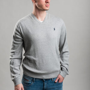 Polo Ralph Lauren férfi v-nyakú kötött pulóver, világosszürke, 100% pamut
