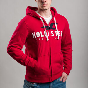 Hollister férfi cipzáras kapucnis pulóver, piros, feliratos