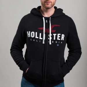 Hollister férfi cipzáras kapucnis pulóver, fekete, feliratos