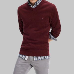 Tommy Hilfiger férfi v-nyakú kötött pulóver, bordó, 100% pamut