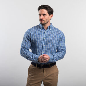 Polo Ralph Lauren férfi hosszú ujjú ing, kék kockás, 100% len, classic fit