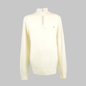 Tommy Hilfiger férfi magas nyakú cipzáras kötött pulóver, törtfehér, prémium báránygyapjú