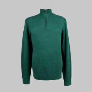 Tommy Hilfiger férfi magas nyakú cipzáras kötött pulóver, zöld, prémium báránygyapjú