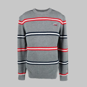 Tommy Hilfiger férfi kötött pulóver, szürke-színes csíkos, 100% organikus pamut
