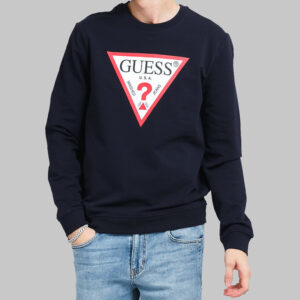 Guess férfi pulóver, sötétkék, feliratos, organikus pamuttal