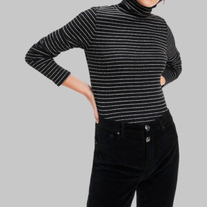 Tommy Hilfiger női magas nyakú kötött pulóver, fekete-ezüst csíkos, pamut