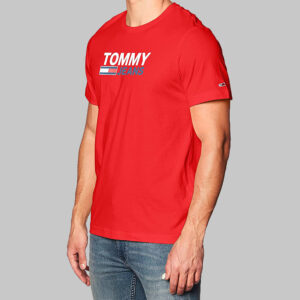 Tommy Hilfiger férfi póló, piros, feliratos, 100% organikus pamut