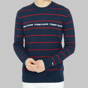 Tommy Hilfiger férfi kötött pulóver, sötétkék-piros csíkos, feliratos
