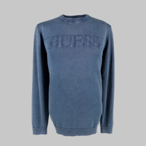 Guess férfi kötött pulóver, kék, feliratos, 100% pamut