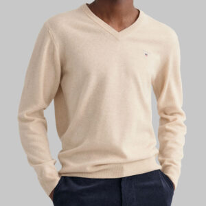 Gant férfi v-nyakú kötött pulóver, krémszín, báránygyapjú