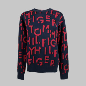 Tommy Hilfiger férfi kötött pulóver, sötétkék-piros betűmintás