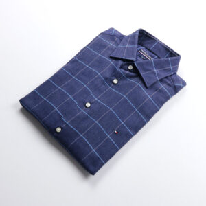 Tommy Hilfiger férfi hosszú ujjú ing, sötétkék kockás, fitted, 100% pamut