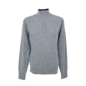 Tommy Hilfiger férfi magas nyakú cipzáras kötött pulóver, világosszürke, báránygyapjú